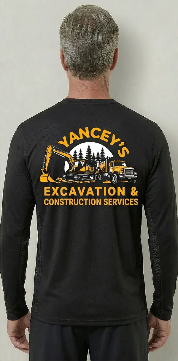 Yancey Construction back-panel logo on a navy WindRider Helios long-sleeve work shirt — large-format print designed to read from 50+ feet.