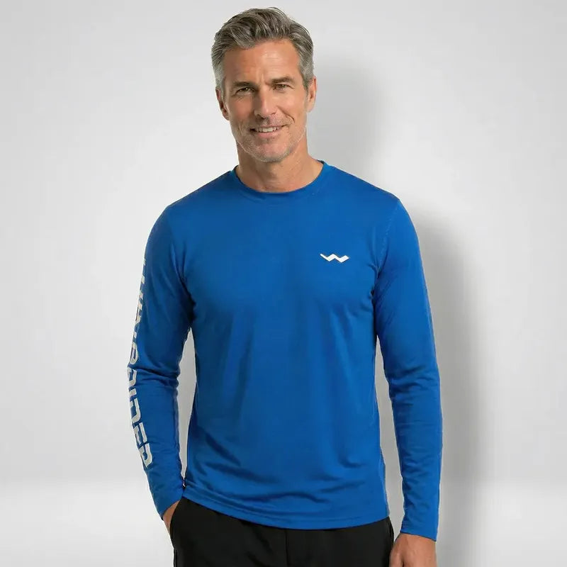 The royal-blue Helios long-sleeve sun shirt, front view.