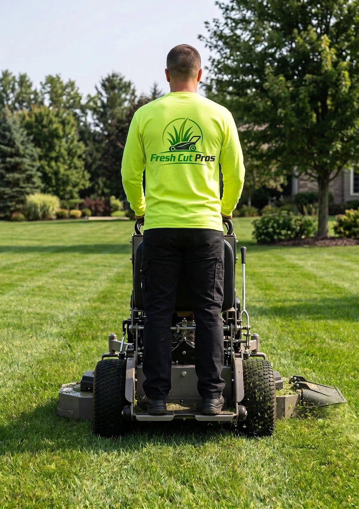 Real customer on a riding mower wearing a custom-logoed WindRider Helios UPF 50+ long-sleeve work shirt.