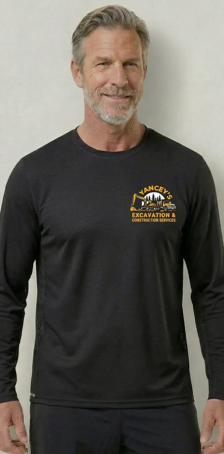Custom logo dye-sublimated on the left chest of a navy WindRider Helios long-sleeve work shirt.