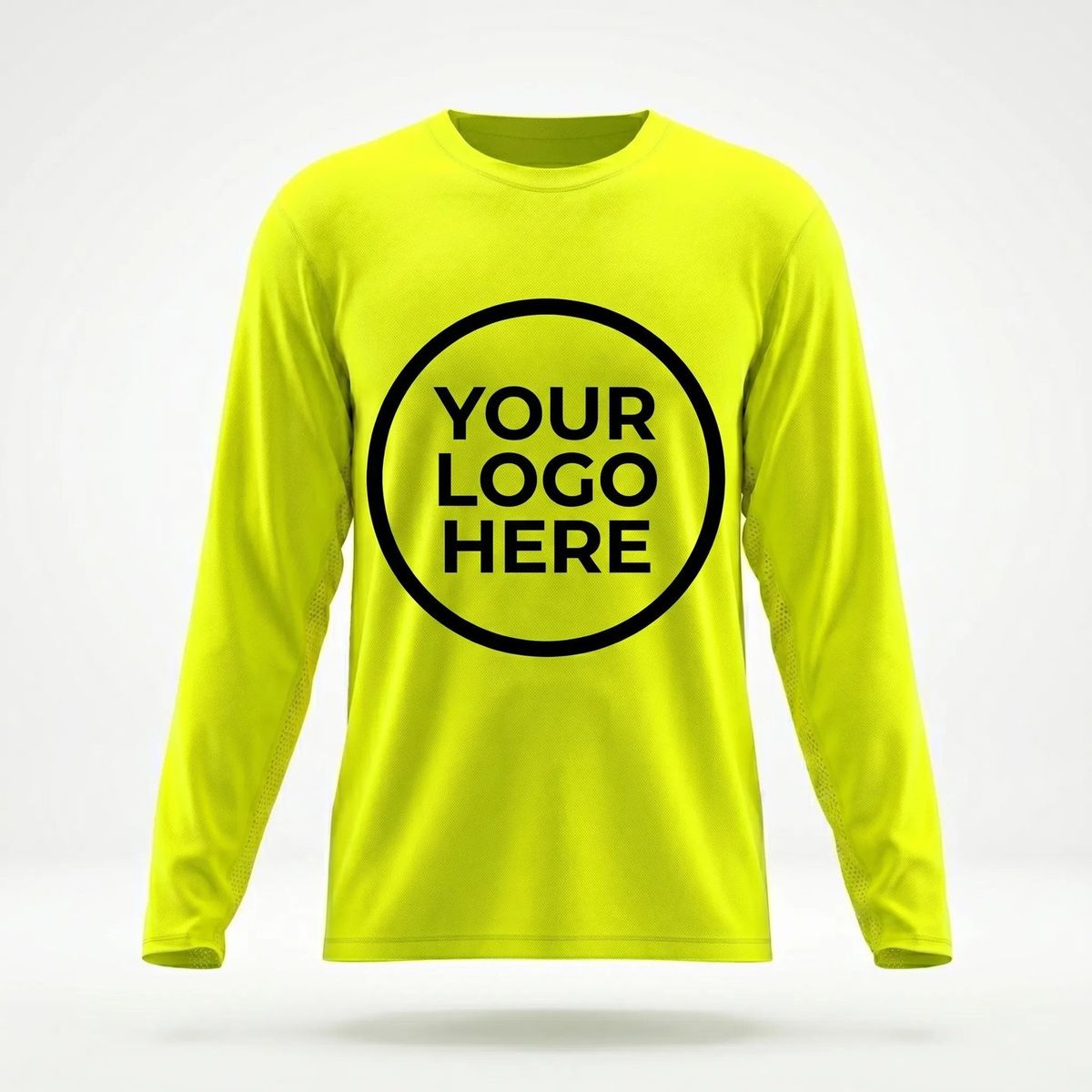 ANSI-yellow high-visibility WindRider Helios long-sleeve work shirt with a left-chest 'Your Logo Here' placeholder, ready for a custom dye-sublimated logo.