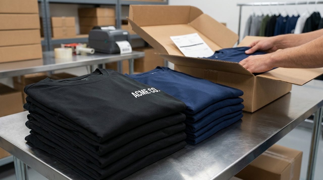 Branded shirts packaged and labeled, ready to ship.