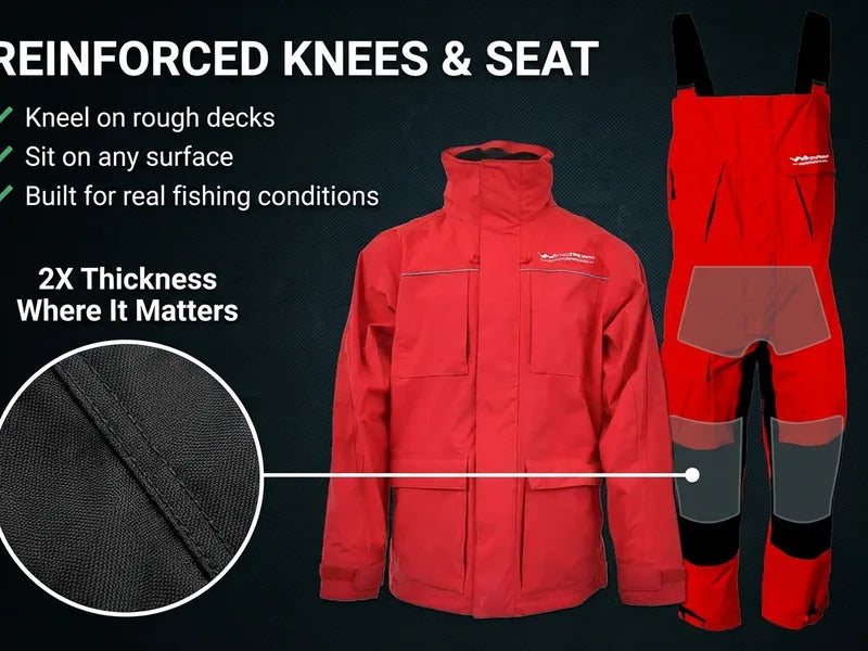 Angler kneeling on boat deck with reinforced knee panels visible