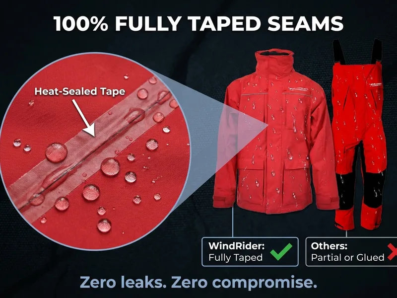 Close-up of fully taped seams with water running off