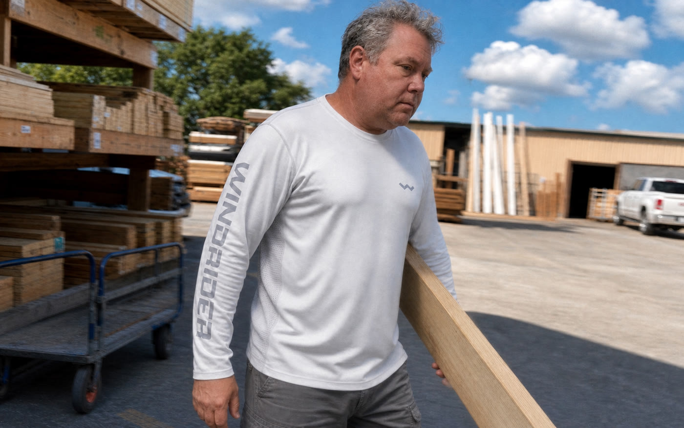 A man wearing a white Helios Sun Shirt during active work outside.